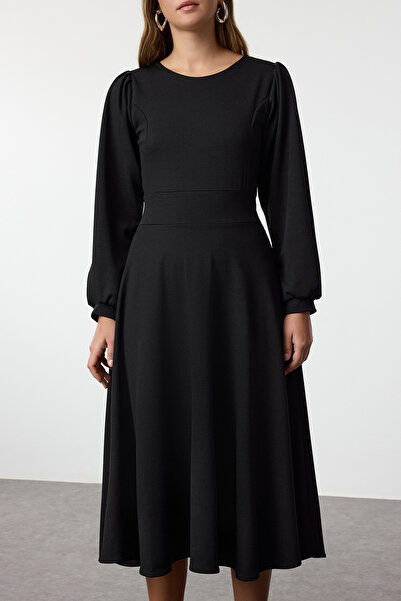 Trendyol Collection Black Zipper Balloon Sleeve Skirt Ruffle Midi Knitted Dress Twoaw25El00509