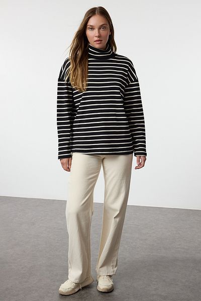 Trendyol Collection Μαύρη πλεκτή μπλούζα με ζιβάγκο - Φαρδιά εφαρμογή TWOAW25BZ00201