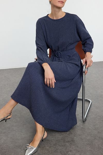 Edit by Trendyol Pleated Navy Blue Knitted Dress - Crinkle Belt, Tedaw25Eb00009