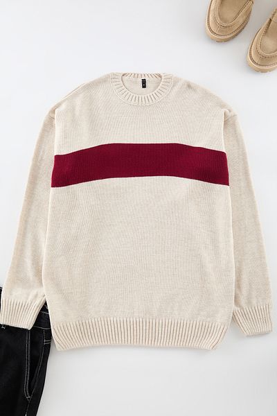 Trendyol Collection Beiger Strickpullover mit Rundhalsausschnitt und Blockmuster - TMNAW25KZ00014