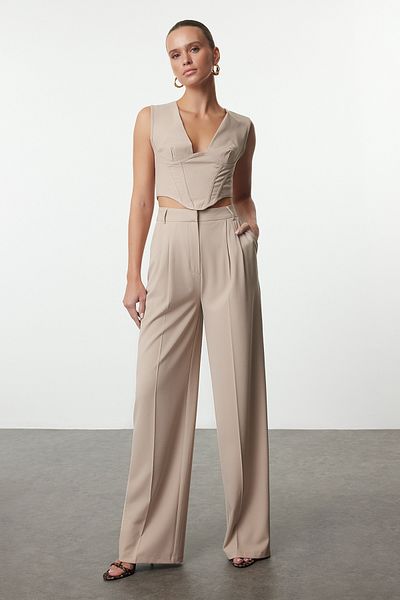 Trendyol Collection Limitovaná edice Stone Wide Leg Woven Kalhoty TPRAW23PL00016