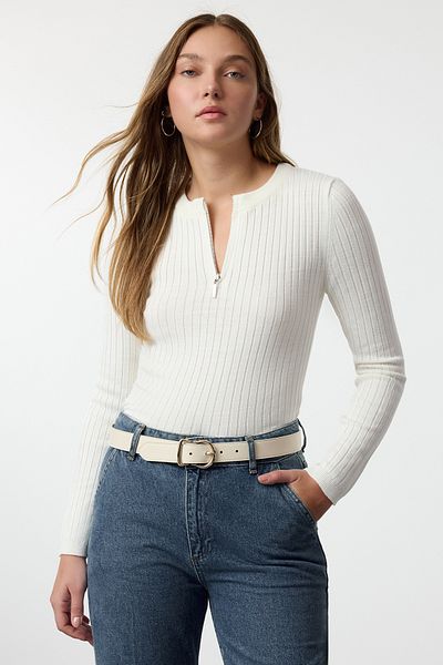 Trendyol Collection Ecru Thin Knitwear Sweater - Half Placket Zippered, Twoaw25Kz00119