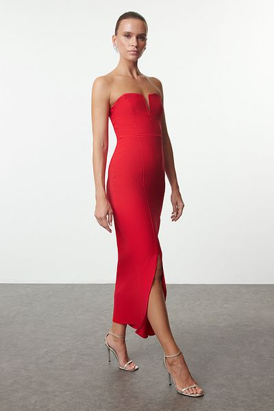 Trendyol Collection Red Bodysuit Strapless Woven Stylish Midi Evening Dress Tpraw25El00056