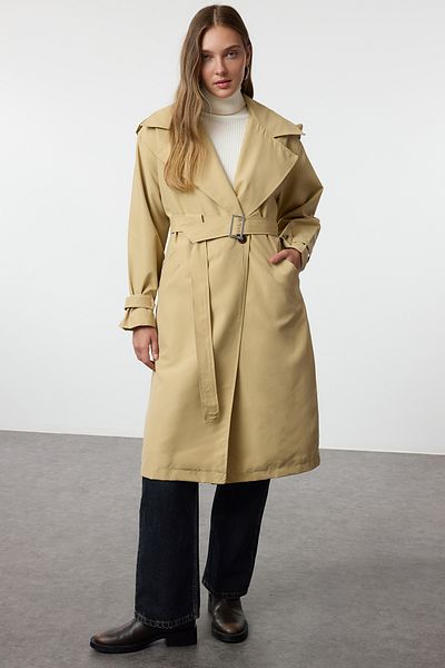 Trendyol Collection Vzorovaný béžový přepásaný dlouhý trenčkot - Twoaw25Tr00028
