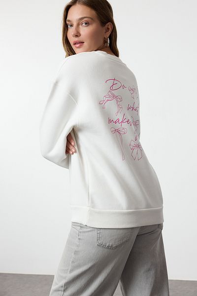 Trendyol Collection Knitted Oversize Sweatshirt - Ecru, Front and Back Print, Twoaw25Sw00250