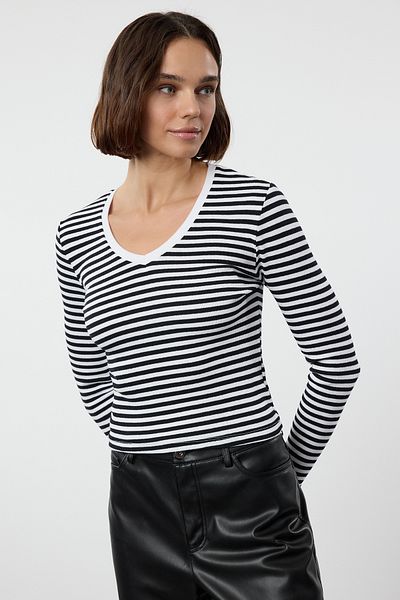 Trendyol Collection V-nyakú, sötétkék csíkos, rugalmas, bordázott kötött blúz - hosszú ujjú, Crop Hossz Twoaw24bz00243