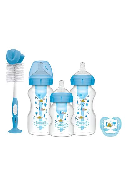 Dr.Brown's مجموعة هدايا زجاجات الأطفال من دكتور براونز جرين وايت ماتس أوبشنز+ المضادة للمغص، زجاجة بلاستيكية زرقاء