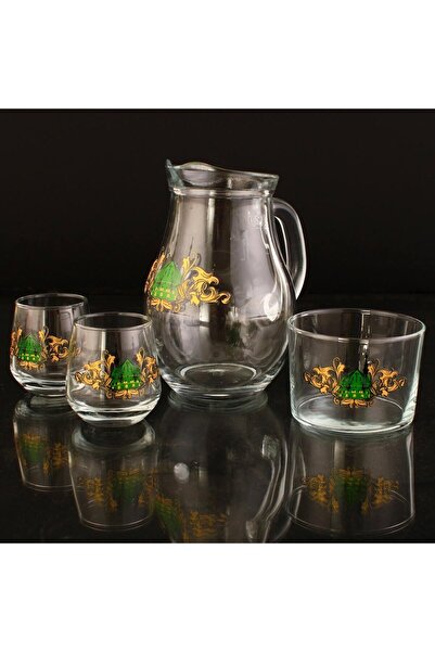 ihvan online 8 Parça Mescid-i Nebevi Tasarımlı Cam Zemzem Bardak Fincan Takımı