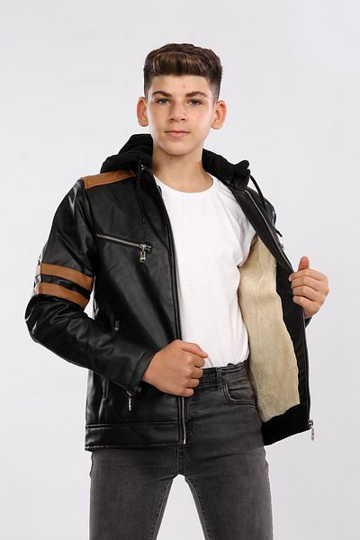 Veform Boy's Coat - Furry Inner, Hooded, Waterproof, Faux Leather, Black/ Brown Avm097Vf