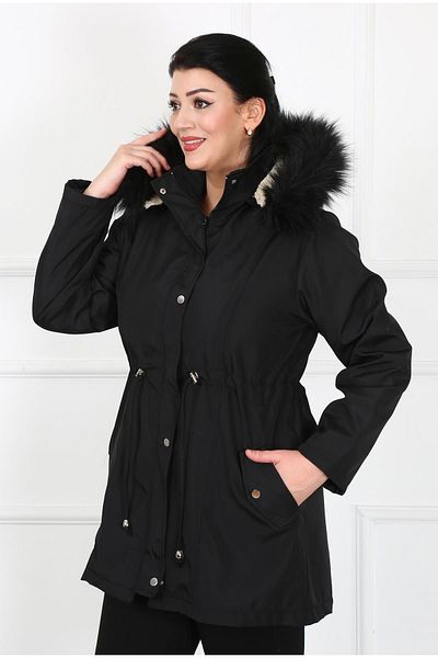 POLANGEL Large Size Women's Coat - Black Water Repellent Bondit Fabric, Hooded