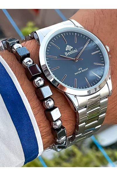 Bentini Men's Wristwatch - New Season, Silver Color, Steel Cord, 2Years Warranty, 3Atm Waterproof Bracelet Gift