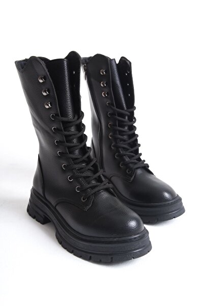 MARSEDO Kadın Bağcıklı ve Fermuarlı Kalın Topuklu Postal Günlük Bot Bern Siyah