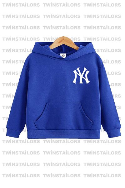 twins tailors Printed Hooded Fleece Inside Unisex Saks Blue Children's Tracksuit Set