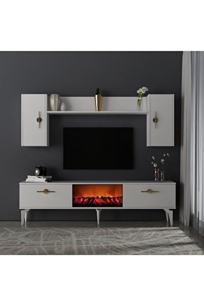 DEMONTE DECOR ZENİT ŞÖMİNELİ TV ÜNİTESİ TAKIMI BEYAZ-BEYAZ
