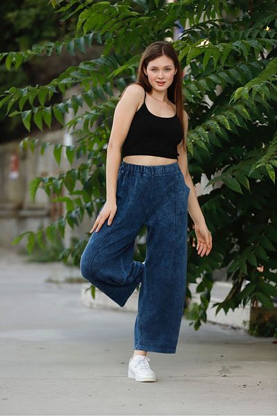 AYASOFYA OTANTIK Navy Blue Antique - Wide Leg Loose Cotton Women's Knitwear Trousers