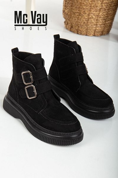 Mc vay Shoes Black Suede Stylish Women's Bootie - Double Velcro and Buckle Detail