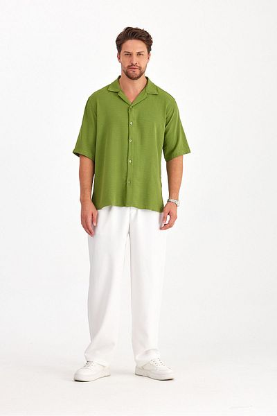 Gray Clothing Pistachio Green Oversize Summer Men's Shirt - Linen Texture, Short Sleeve