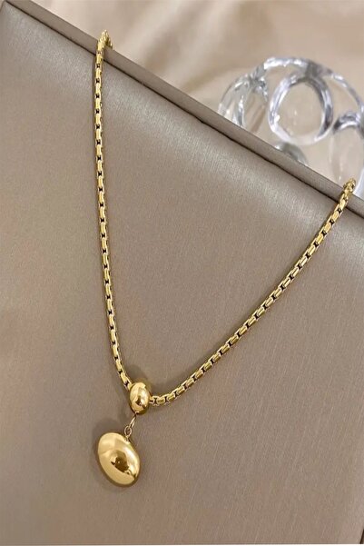SEVİLLE AKSESUAR ÇELİK GOLD BOMBELİ OVAL PLAKA UÇ KOLYE