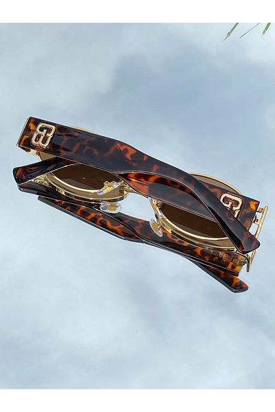 MİSE Oval Gold Unisex Trendy Brown Leopard Sunglasses