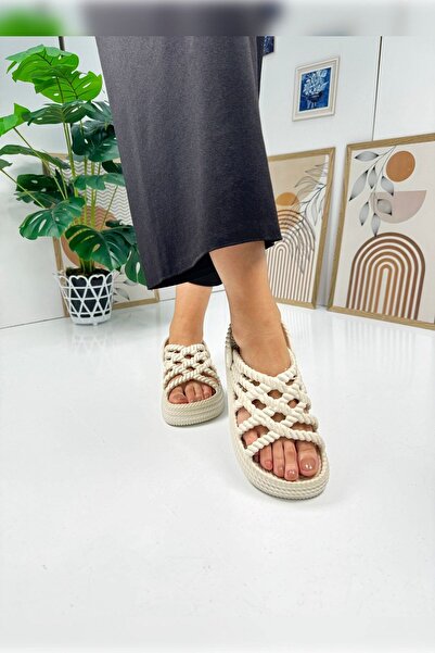 Nstil Beige Colored Women's Sea Sandals - Slippers with Knitted Detail, Thick Sole, Oval Toe 810