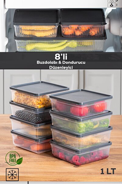 Porsima 1169 8-Piece Anthracite Refrigerator Organizer - Microwave and Freezer Freezer Storage Container