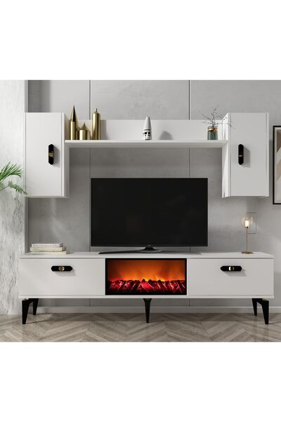 DEMONTE DECOR PLUS ŞÖMİNELİ TV ÜNİTESİ TAKIMI BEYAZ-BEYAZ