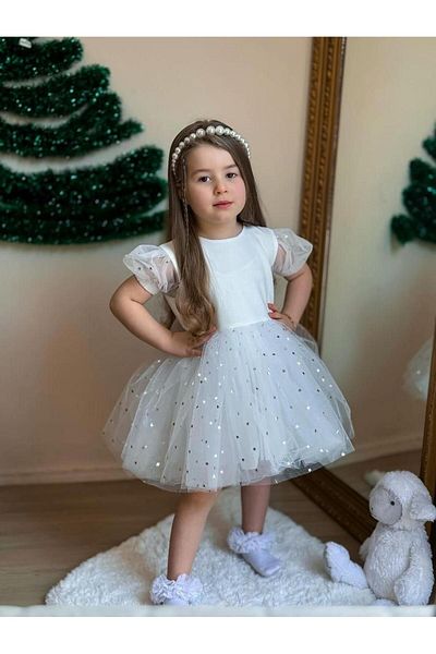 inMini Rochie albă pentru fetiță cu model de stele - cu tutu și detaliu fundă