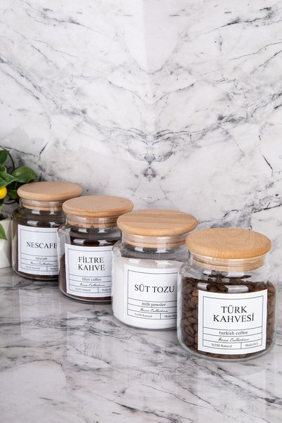 MODA OZY 4-piece 500ml wooden lid filter coffee & turkish coffee & nescafe & milk powder jar with label storage container