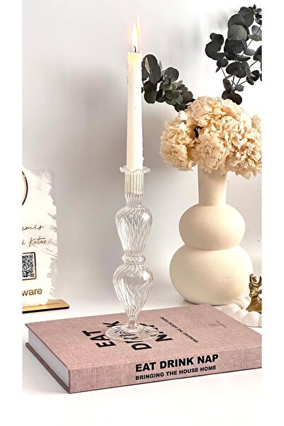 Kübra Özdemir Store Lady Çizgili Cam Şamdan , Üfleme Cam El Yapımı Mumluk Aks...