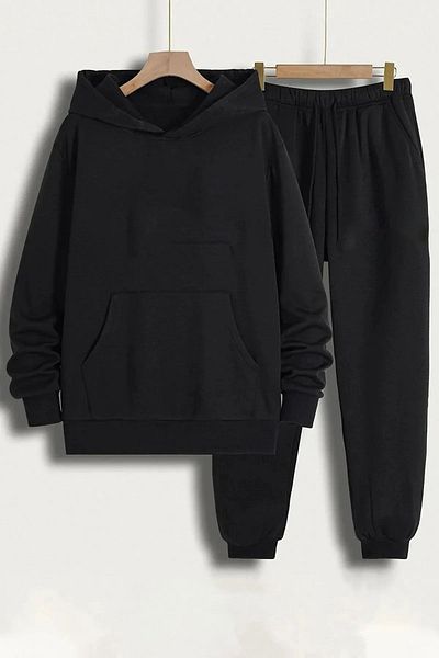 aynewmoda Комплект от черен суитшърт с качулка и черен анцуг