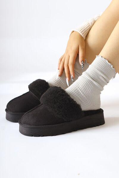 Limoya Anne-margrete Papuci de damă din piele intoarsa neagra cu blana artificiala