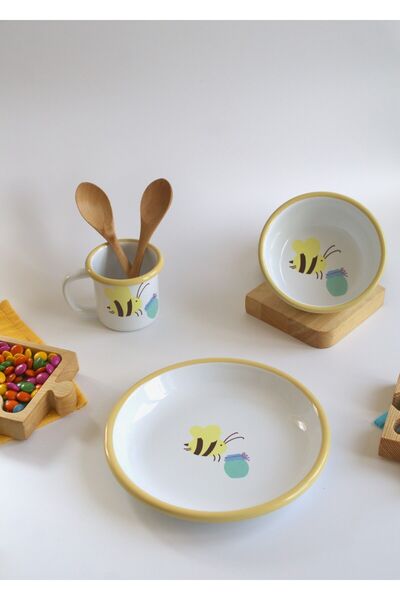 Elifle Emaye Tabak Kase Kupa 3'lü Çocuk Set Mama Takımı Çocuk Yemek Takımı