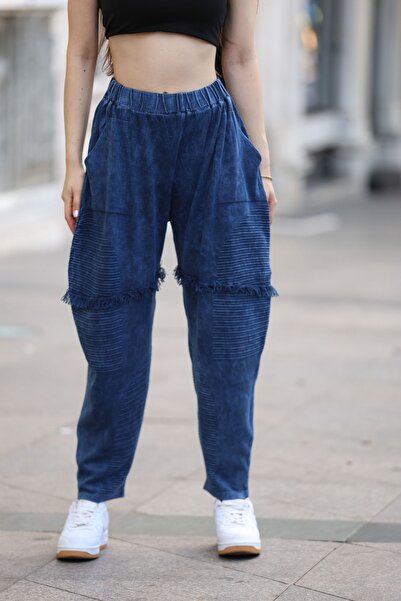 AYASOFYA OTANTIK Темно-сині бавовняні трикотажні штани - з кишенями та еластичним поясом, жіночі штани в стилі «ескідж»