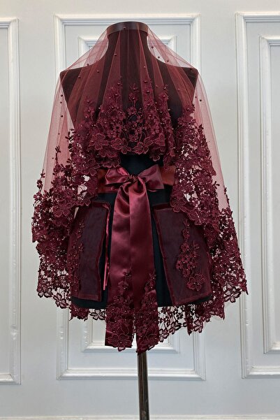 ZEYMERADE Bordo Gelin Duvak Seti, Güpürlü Ve Inci Süslemeli Kına Gecesi Duvağı Alı Örtüsü 6 Parça