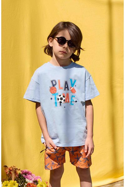 LUESS Tricou albastru deschis pentru băieți - imprimeu Play Time, 2-3 și 8-9 ani