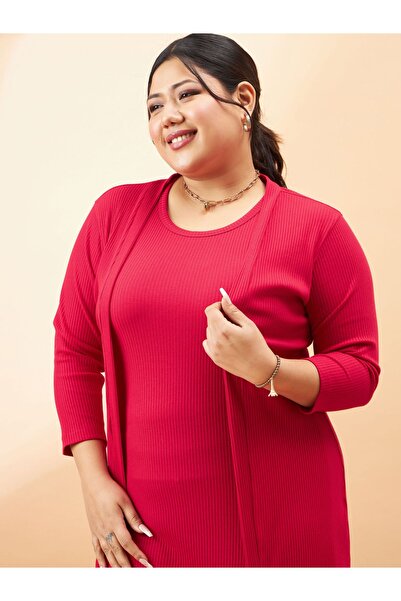 Sassafras By Styli Plus Ribbed Bodycon Midi Dress with Shrug Set