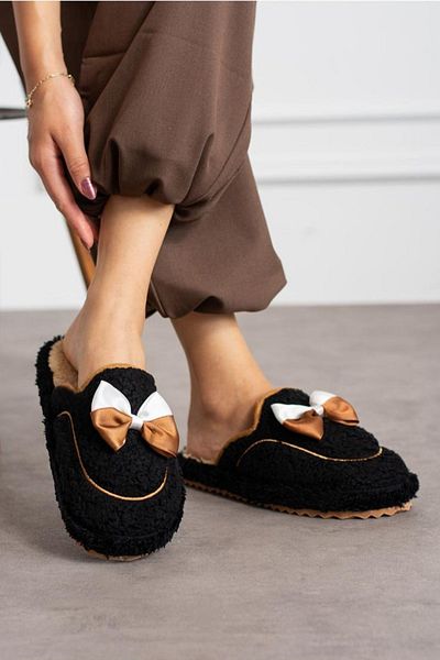 Moda fiesta Χειμερινές μαύρες γυναικείες παντόφλες εσωτερικού χώρου