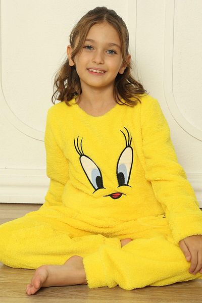 Pijamaevi Girl - Yellow Bird Patterned Full Plush Pajama Set