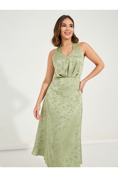 Styli Halter Neck Jacquard A-Line Midi Dress