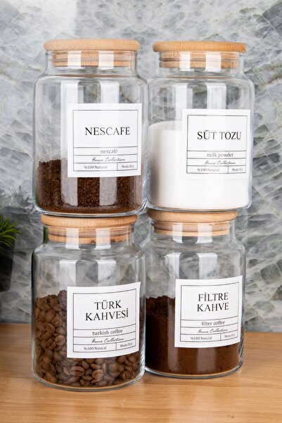 MODA OZY حاوية تخزين زجاجية مكونة من 4 قطع سعة 800 مل مع غطاء خشبي للقهوة التركية وفلتر القهوة والنسكافيه ومسحوق الحليب