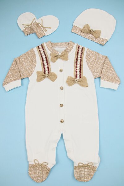 Lindakids Keten Şeritli Papyonlu Kahverengi % 100 Pamuk 3'lü Bebek Tulum Seti