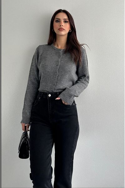 fujya Women's Crew Neck Raised Anthracite Knitwear Cardigan