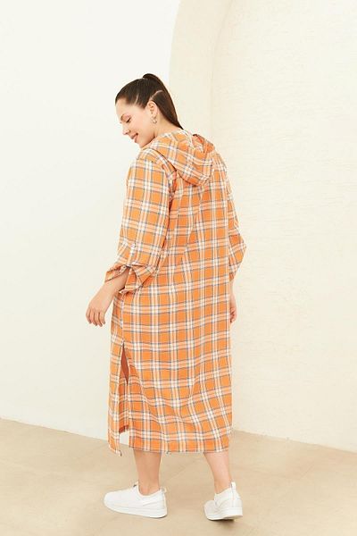 Curly Orange Plaid Hooded Dress