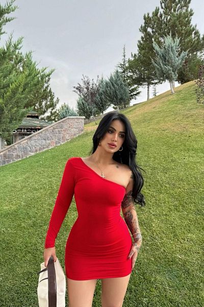 MOZENA One Shoulder Red Scuba Dress - Basic Model