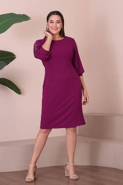 ZISHAN Row Pearl and Tulle Detailed Scuba Plum Plus Size Women's Evening Dress 014