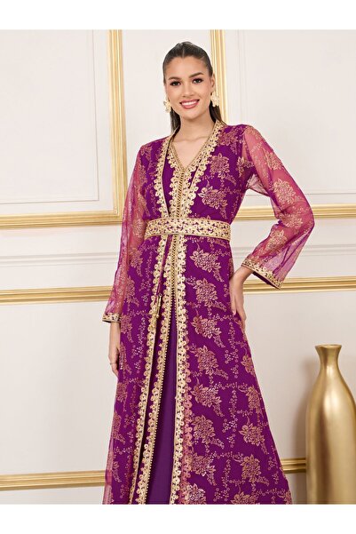 Maxim Creation By Styli Foil Print Embroidered Lace Detail Belted Kaftan