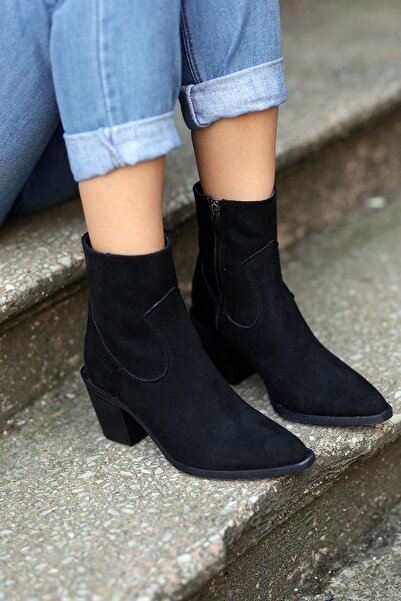 EREN SHOES BAG Occi Siyah Süet Topuklu Western Kovboy Kadın Bot