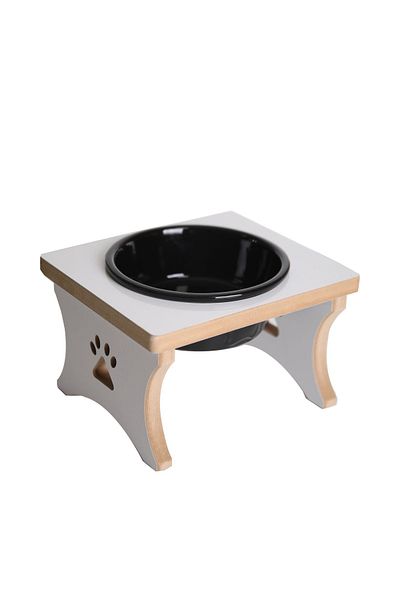 RealWood حامل وعاء ماء وطعام للكلاب - سباق كبير - MDF أبيض - موديل فردي - وعاء سيراميك أسود - 1000 مل