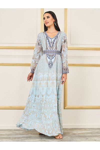 Maxim Creation By Styli Rhinestone Detail Digital Print Belted Jalabiya