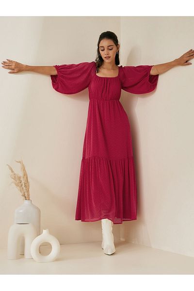 Femmella By Styli Square Neck Dobby Tiered Maxi Dress